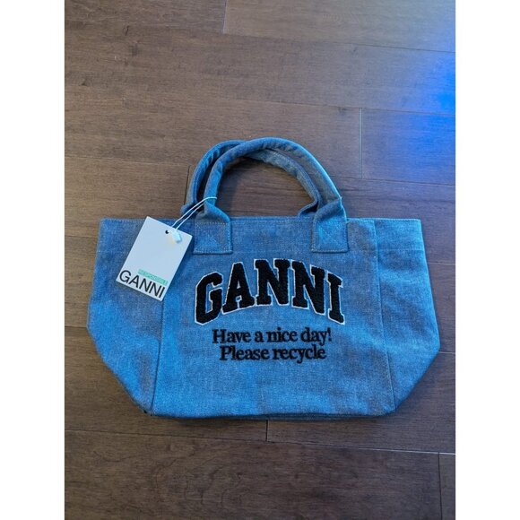 GANNI Denim Mini Gift Tote Bag Blue Have A Nice Day New NWT - Picture 1 of 4